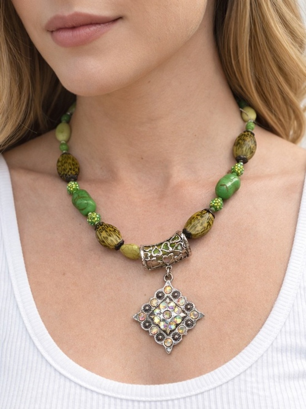Boho Green Beaded Statement Necklace w Rhinestone Pendant
